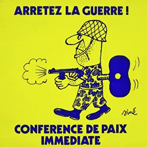 Drawn Prints: Satirical anti-war drawing on a yellow background with a soldier drawn as a wind-up toy; text says 'Stop the War