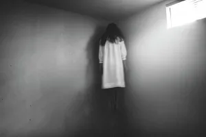 Fright Prints: Scary girl in nightgown hovering in the corner of room