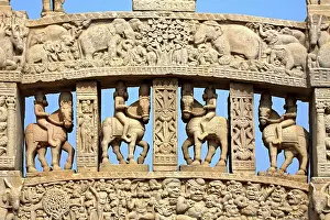 Skulptur Prints: Scenes showing jataka storeys of Buddha North gateway of stupa 1 Inner view