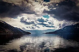 Contrast Prints: Scenic view of beautiful Shuswap Lake with dramatic storm clouds in the sky during the autumn season; Shuswap Lake