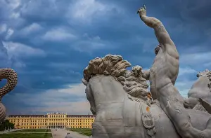 Monarchy Prints: Schí¶nbrunn Palace and gardens from Neptune fountain, Vienna, Austria, Europe