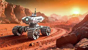 Planets Prints: Science fiction, space travel, a robotic vehicle Mars rover exploring the planet Mars
