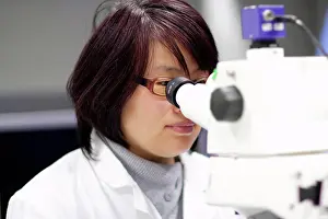 Thirty Prints: Scientist using microscope in lab