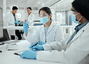 Expert Prints: Scientist, woman and test tube with teamwork in lab for dna analysis