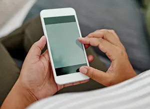 Businesswomen Prints: Screen, hands and mockup in office with smartphone for social network
