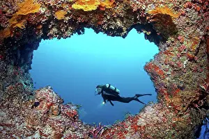 Physical Fitness Prints: Scuba diver diving in front of a cave entrance