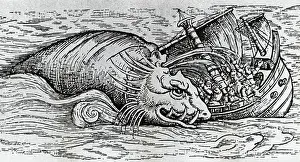 Medieval Prints: Sea Serpent Attacking Medieval Ship by unknown artist, print