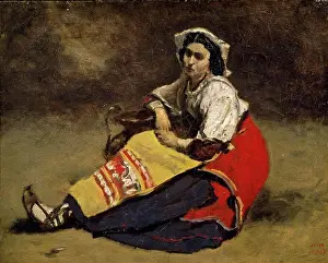 Realism Prints: Seated Italian Woman by Jean Baptiste Camille Corot