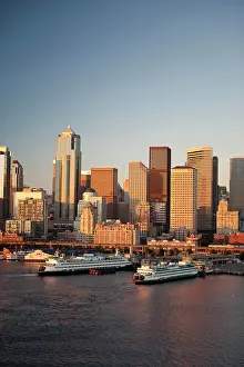 Ferry Prints: Seattle, Washington, aerial view of ferrys on Elliott Bay and downtown Seattle