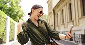 Cellphone Prints: Selfie, outdoor and woman with travel