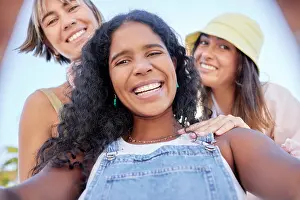Bokeh Prints: Selfie, portrait and friends relax at a park for bonding and having fun as a group