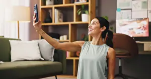 Selfie Prints: Selfie, woman and home with fitness break for social media post