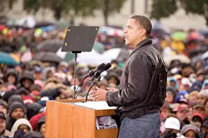 Republic Prints: US Senator Barack Obama speaking at podium in pouring rain at Presidential Rally on October 28