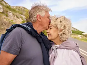 Runner Prints: Senior couple, fitness and run with kiss