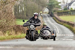 Reality Prints: Senior man and grandson riding motorcycle and sidecar on rural road
