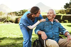 Disability Prints: Senior man, nurse and wheelchair for support