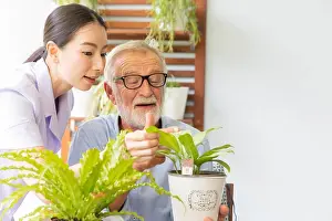 Grandfather Prints: Senior retirement man and nurse are watering a small plant while