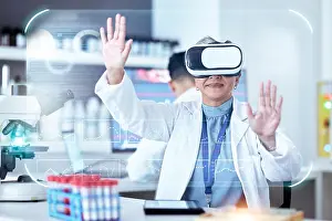 Chart Prints: Senior scientist, woman with virtual reality and graphs