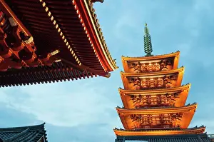 Oldest Prints: Senso-ji, Buddhist temple, pagoda, at dusk, Asakusa, Tokyo, Japan