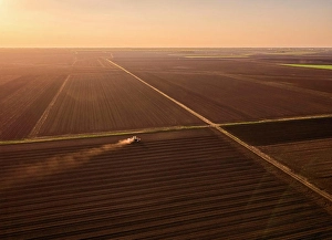 Aerial Prints: Serbia, VojvodinaProvince, Aerial view of tractor sowing seeds at dusk