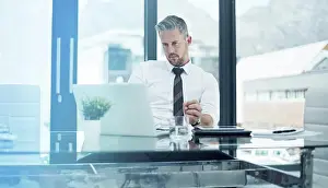 Invest Prints: Serious, business man and laptop in office for company investment