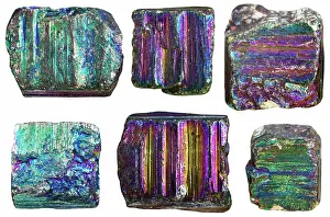 2016 Prints: set of separate crystals of rainbow pyrite set of separate crystals of iridescent rainbow pyrite mineral stone isolated