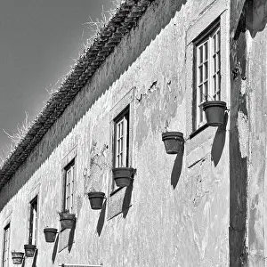 Architektur Prints: Shabby Facade Shabby Facade of Portuguese House Decorated with Flower Pots