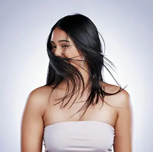Mockup Prints: Shake head, happy and woman with hair care