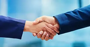Networking Prints: Shaking hands, business people and introduction outdoor