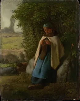 Worked Prints: Shepherdess Seated on a Rock 1856 Jean-François Millet French Millet had almost finished a painting of the same subject