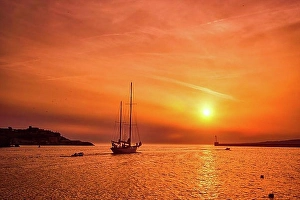 Harbour Town Prints: Ship schooner boat sihouette in port of Marseille on sunset, Marseille, France, Europe