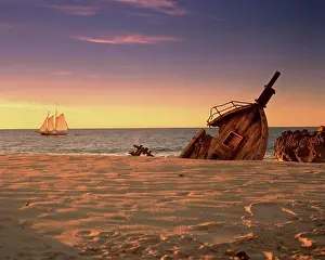 Nautical Prints: shipwreck bow buried sand beach schooner sailing