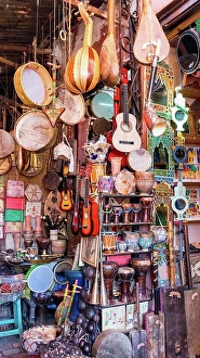 Gifted Prints: Shop full of traditional musical instruments, Marrakech, Morocco