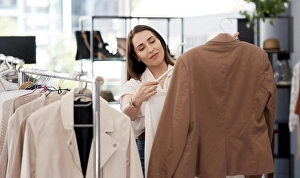 Mall Prints: Shopping, retail and a woman customer in a mall boutique to buy trendy clothes for seasonal fashion