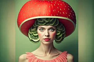Chic Prints: shot of a woman wearing a watermelon looking hat. Generative AI