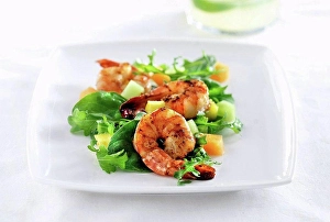 Leafy Prints: Shrimp salad on white plate