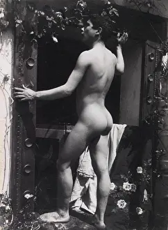 Sicily Prints: A Sicilian boy, posing naked outdoors, by a doorway, Taormina (Sicily)