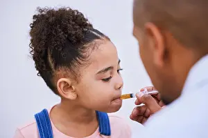 Family Home Prints: Sick, syringe and consulting with child and medicine for pharmacy