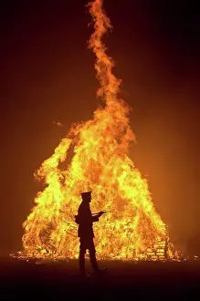 Society Prints: Silhouette Of Man In Military Unifrom In Front Of Large Bonfire At Barcombe Bonfire Night