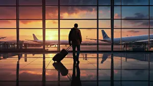 Terminal Prints: silhouette of a man with suitcase at the airport