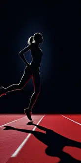 Success Prints: Silhouette of woman running track against her shadow. Generative AI