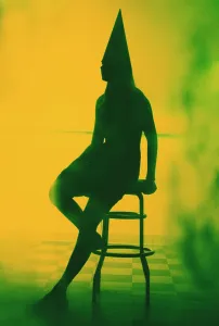 Failure Prints: Silhouette of a woman wearing a dunce cap and sitting on a bar stool