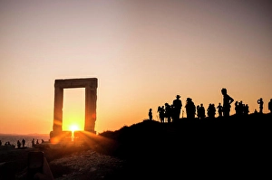 Pilgrimage Prints: Silhouetted tourists watching sunset at Temple of Apollo, Naxos Island, Greece