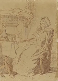 Draughtsman Prints: Sitting, knitting old woman at a table