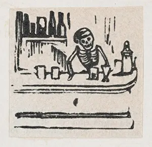 Guadalupe Prints: A skeleton serving alcohol, from a broadside enitled Medicinas de Patente de mas Fama ca