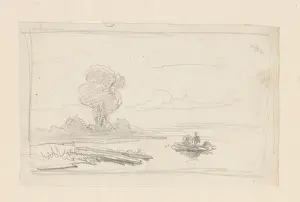 Draughtsman Prints: Sketch of a boat on the water, in the background a tall tree