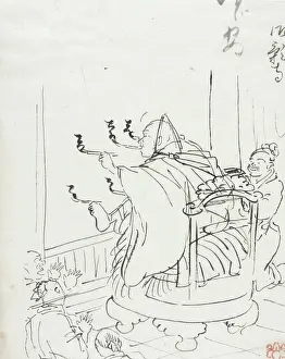Calligraphy Prints: Sketch of Kūkai Doing Calligraphy Demonstration