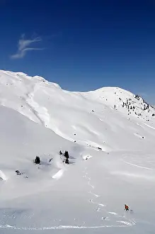 Descent Prints: Ski wanderers on ski-run from Tristkopf, Kelchsau, Tyrol, Austria, Europe