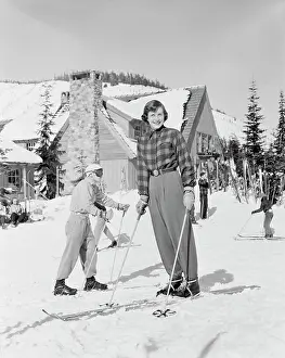 Tourist Resort Prints: Skiers in ski resort