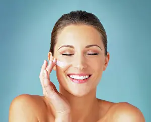 Shine Prints: Skincare, smile and woman with cream on face